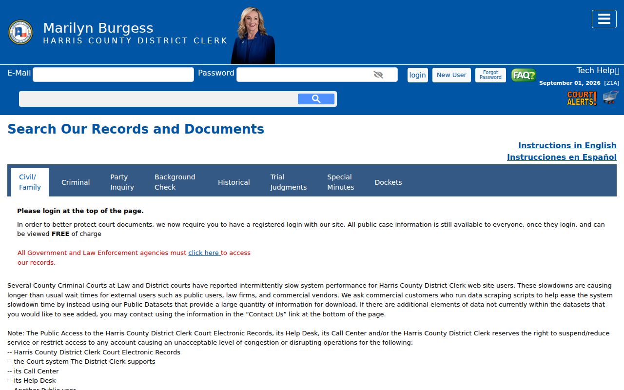 Katy resident lookup view of Harris District Clerk party inquiry fields
